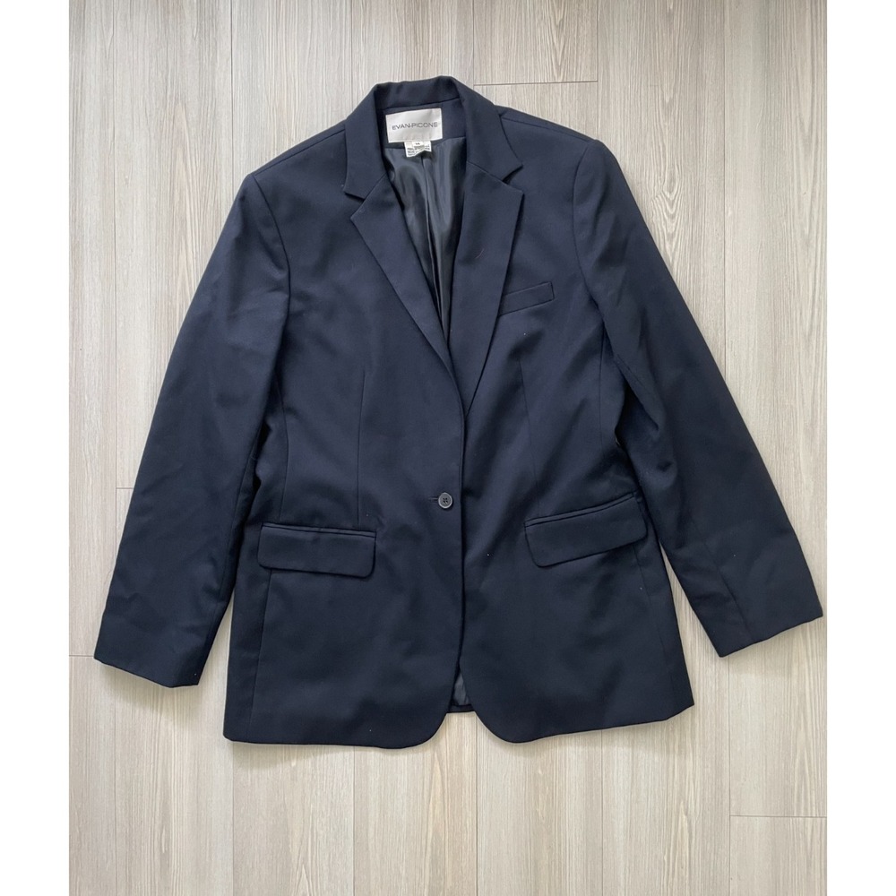 Evan-Picone Women's Navy Wool Blend Blazer Satin Lining Size 14 Office Interview